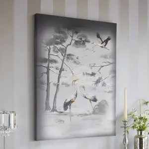 Laura Ashley Animalia Cranes Grey Canvas art (H)80cm x (W)60cm