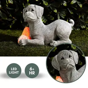 Large Solar Dog Ornament Garden LED Light Up Puppy Stone Effect Statue Decor