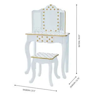 Teamson Kids Dressing Table, Play Vanity Set with Mirror & Stool - White/Gold/Polka Dots