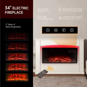 Electric Fire Suite Black Fireplace with White Surround Set 7 LED Mood Light Adjustable Stove Size 34''