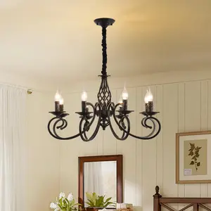 Garwarm Black 8 Lights French Country Chandelier Vintage Iron Pendant Light