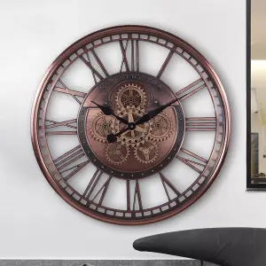 Wadan 70cm Copper Roman Mechanical Moving Gears Wall Clock Clear Numbers Easy to Read Battery Operated Analogue Wall Clock