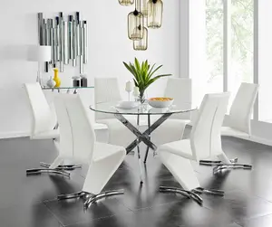 Furniturebox UK Novara Chrome Metal And Glass Large Round Dining Table And 6 White Willow Chairs Set