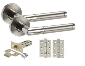 Golden Grace Mitred Style Chrome Door Handles on Rose Dual Finish Latch Pack, Hinges, 64mm Tubular Latch (Bathroom Set)