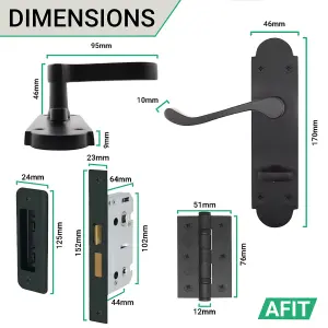 AFIT Matt Black Bathroom Door Handle Set - Victorian Scroll Shaped - 2 Pairs of Internal Door Handles, Hinges 76mm & Locks 64mm