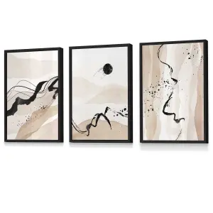 Set of 3 Beige Black Abstract Mountain Contours Wall Art Prints / 30x42cm (A3) / Black Frame