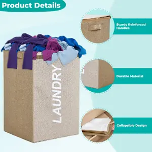 Beige Polyester Large Laundry Hamper Collapsible Laundry Basket - 57L