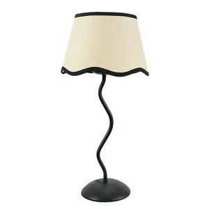 ValueLights Wiggle Black Metal Stem Table Lamp with Linen Scallop Black Trim Tapered Lamp Shade