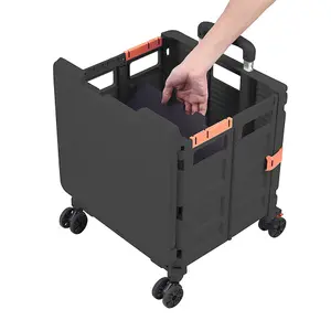 Black Collapsible Rolling Protable Crate with Magnetic Lid and Adjustable Handle 44cm H