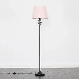 ValueLights Memphis Traditional Style Black Barley Twist Floor Lamp with Pink Tapered Light Shade - with LED GLS Bulb