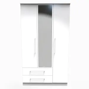 Chester Triple Mirror Wardrobe with 2 Drawers in White Gloss (Ready Assembled)