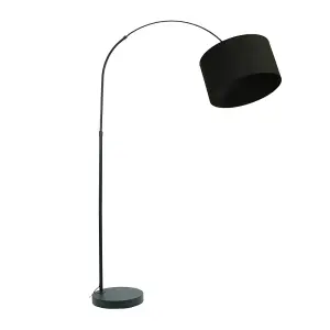 ValueLights Louis Black Arched Curved Floor Lamp with Black Fabric Drum Lamp Shade