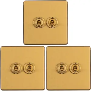 3 PACK 2 Gang Double Retro Toggle Light Switch SCREWLESS SATIN BRASS 10A 2 Way