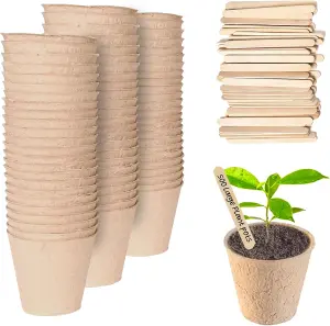 Plant Pots 500 Pack 8cm Fibre Pots for Seedlings with Wooden Labels Ideal for Vegetables, Flowers, and Herbs