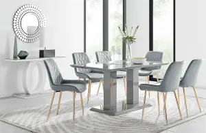 Imperia Grey High Gloss 6 Seater Dining Table with Structural 2 Plinth Column Legs 6 Grey Velvet Gold Leg Pesaro Chairs