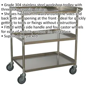 Versatile 3-Level Stainless Steel Workshop Trolley with 30kg Capacity Shelves