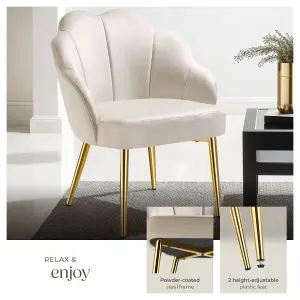 Accent Chair Hellen - velvet cover, padded, extra-wide shell-shaped backrest - cream/gold