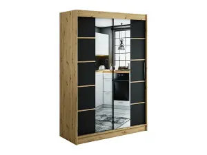 Leto V4 Contemporary 2 Sliding Mirror Door Wardrobe 5 Shelves 2 Rails Black Matt and Oak Effect (H)2000mm (W)1500mm (D)620mm