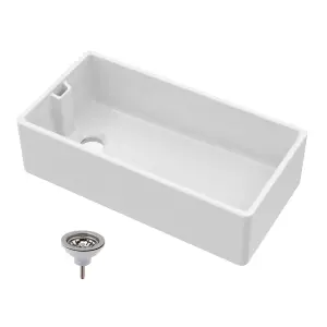 Single Bowl Fireclay Ceramic Belfast Kitchen Sink & Basket Strainer Waste, 895mm