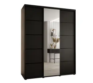 Modern Black Mirrored Cannes V Sliding Wardrobe H2050mm W1900mm D600mm with Custom Black Steel Handles