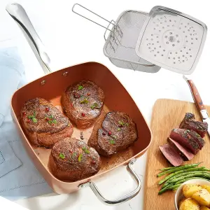 Cera Titanware Deep-Sided Copper-Infused Square Non-Stick Cooking Pan with Steamer Tray, Frying basket & Glass Lid