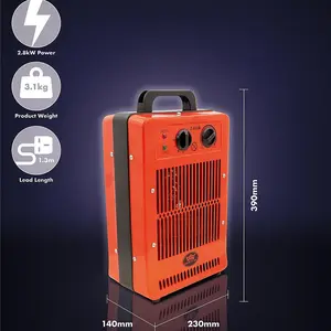 2.8kW Electric Industrial Fan Space Heater with 3 Settings, Carry Handle, Thermostat & Tip Over Safety Cut Out - H39 x W23 x D14cm