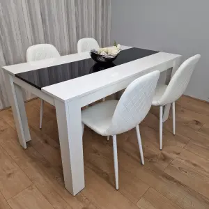 Wooden White Black Dining Table  with 4 White Stitched Leather Chairs Set