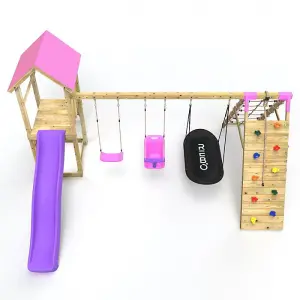 Rebo Challenge Wooden Climbing Frame with Swings, Slide and Up & over Climbing wall - Sanford Pink