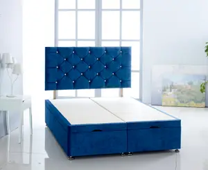 Blue   Naples Foot Lift Ottoman Bed With Memory Spring Mattress And   Studded  Headboard 5.0FT King Size