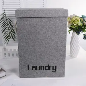 Grey Folding Linen Laundry Hamper Basket Clothes Storage Bin with Lid and Handles