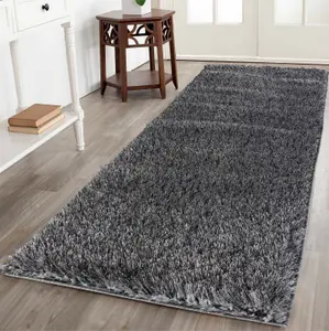 Modern Soft Plain Shimmer Shaggy Area Rugs Dark Grey 60x220 cm