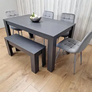 Dining Table and 4 Chairs With Bench Black Dark Grey 4 Grey Velvet Chairs Wooden Bench Wood Dining Set Furniture