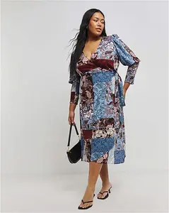 Fashion World Mixed Print Wrap Midi Dress - Multi - Size 12 - Women's