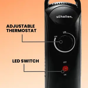 Schallen 800W 6 Fin Mini Slim Oil Filled Electric Portable Radiator Heater BLACK