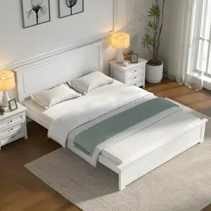 Wooden Double Bed With Mattress 4ft6 Solid White Bed For Adults Kids Teenagers - Hybrid Mattress