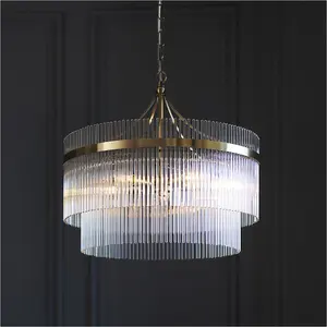 5 Light Ceiling Pendant & 2x Matching Wall Light - Clear Glass rods Antique Brass Ring