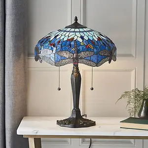 Luminosa Dragonfly 2 Light Medium Table Lamp Dark Bronze, Blue, Tiffany Style Glass, E27