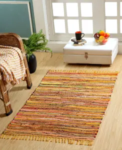 Festival Recycled Cotton Blend Rag Rug in Varied Colourways Indoor and Outdoor Use / 120 cm x 180 cm / Yellow