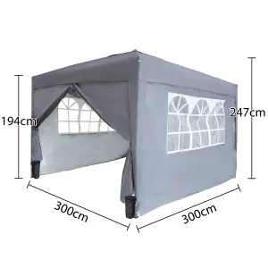 Birchtree Waterproof 3m x 3m Heavy Duty Pop Up Gazebo Marquee Garden Awning Party Tent Canopy 600D Polyester Steel Frame Grey