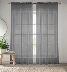 Sheer Grey Plain Woven Voile Slot Top Curtain Panel Pair (57x54") 145x137cm