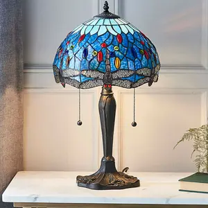 Tiffany Glass Table Lamp Light Dark Bronze Base & Blue Dragonfly Shade i00193