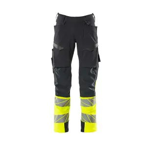 Mascot Accelerate Safe Trousers with Kneepad Pockets - Dark Navy/Hi-Vis Yellow   (46.5) (Leg Length - Regular)