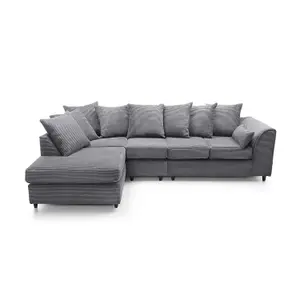 Jumbo Large Grey Cord Left Facing Corner Sofa for Living Room with Thick Luxury Deep Filled Cushioning