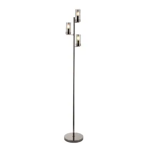 First Choice Lighting Nicholas Black Chrome Floor Lamp with Smoke Glass Shades