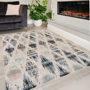 Navy Blue Beige Distressed Diamond Trellis Soft Living Area Rug 120x170cm