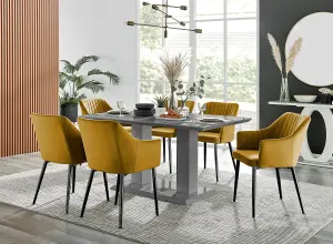 Imperia Grey High Gloss 6 Seater Dining Table with Structural 2 Plinth Column Legs 6 Mustard Velvet Black Leg Calla Chairs