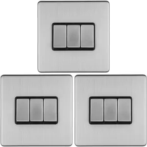 3 PACK 3 Gang Triple Light Switch SCREWLESS SATIN STEEL 2 Way 10A Slim Rocker