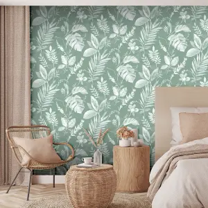 Muriva Green Tropical Water coloured effect Embossed Wallpaper