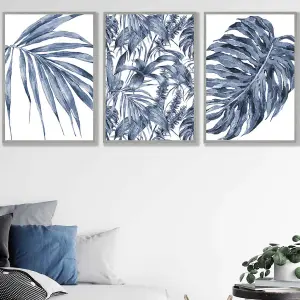 Set of 3 Tropical Plants and Pattern Navy Blue Abstract Wall Art Prints / 50x70cm / Light Grey Frame