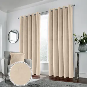 Luxury Enhanced Living Cream Velvet, Supersoft, 100% Blackout, Thermal Pair of Curtains with Eyelet Top - 46 x 54 inch (117x137cm)